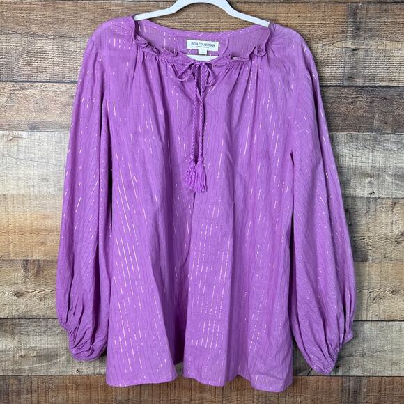 India Collection Emerson Fry Bardot Flowy Peasant Top Pink Lurex Size Large - Picture 2 of 10